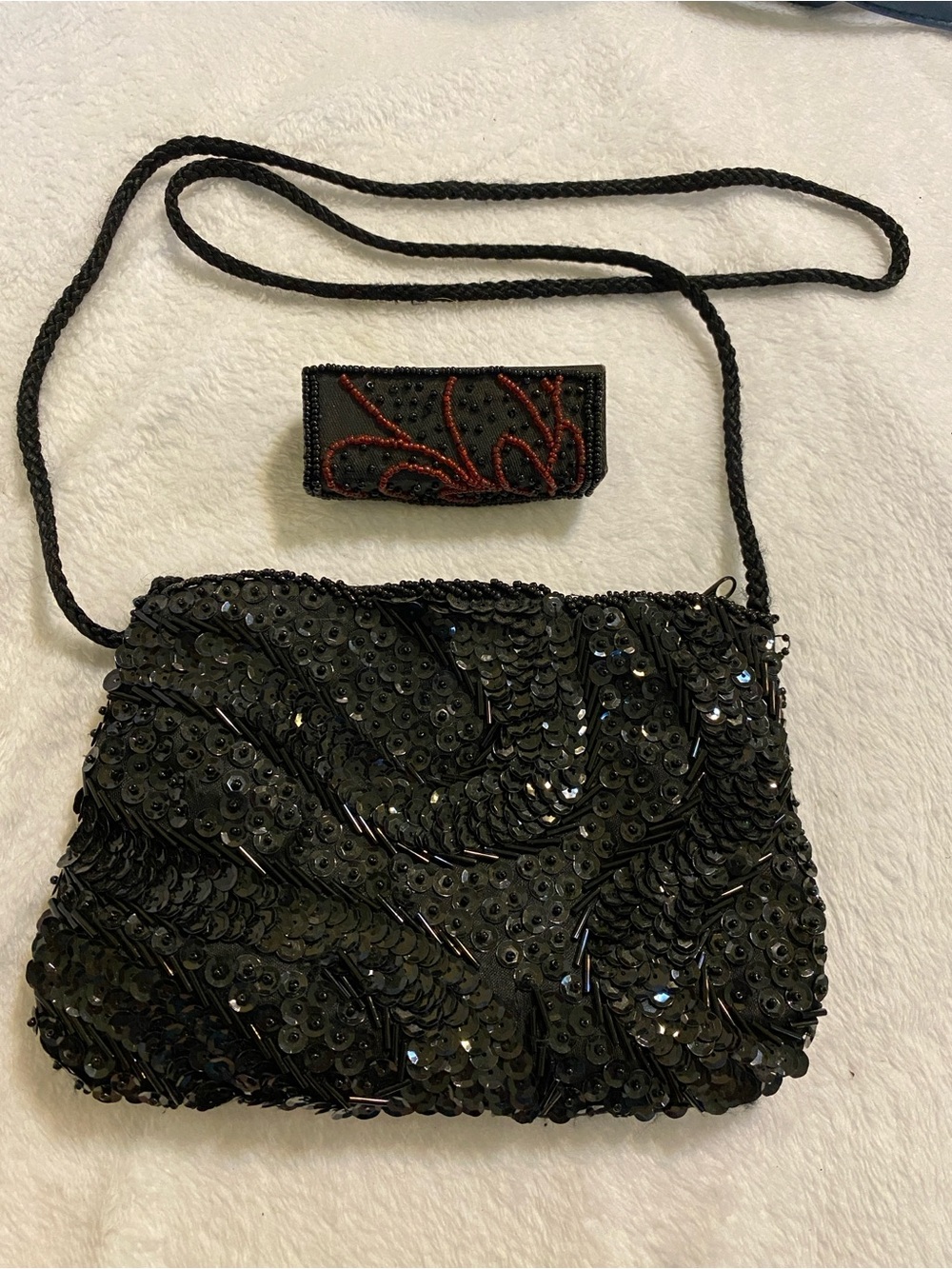 Black Sequin Evening Crossbody Bag with Decorative Lipstick Case
